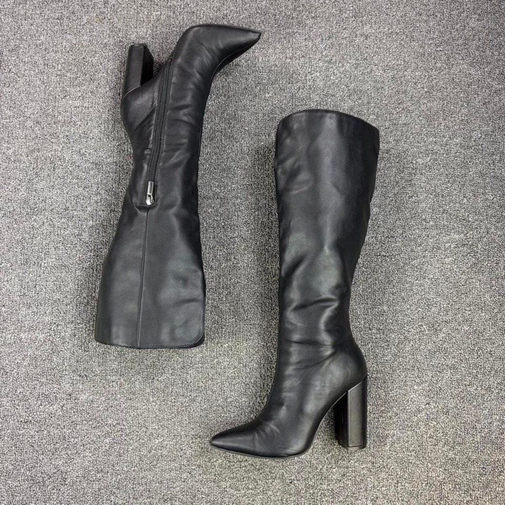 Women's Black Knee High Pointed Side Zip Heel Tall Campus Boots Womens Size 6.5